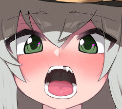 Rule 34 | 1girl, black hat, blush, bow, close-up, commentary request, crooked teeth, eyes visible through hair, green eyes, hair between eyes, hat, hat bow, highres, komeiji koishi, light green hair, looking at viewer, medium hair, nose blush, open mouth, oral invitation, saliva, saliva trail, solo, teeth, tongue, topadori, touhou, uvula, yellow bow