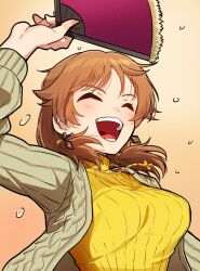 Rule 34 | 1girl, :d, arm up, brown cardigan, brown hair, cardigan, closed eyes, commentary, earrings, folding fan, hand fan, highres, holding, holding fan, idolmaster, idolmaster cinderella girls, jewelry, kamille (vcx68), katagiri sanae, long hair, low twintails, medium hair, necklace, open cardigan, open clothes, open mouth, ribbed sweater, smile, solo, sweat, sweater, turtleneck, turtleneck sweater, twintails, upper body