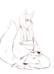 Rule 34 | 1girl, animal ears, closed mouth, fox ears, fox tail, from side, hands on lap, highres, japanese clothes, kimono, large tail, long sleeves, monochrome, nekojira, obi, original, pink eyes, sash, seiza, simple background, sitting, solo, spot color, tail, white background, wide sleeves