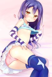 Rule 34 | 1girl, areola slip, bad id, bad pixiv id, bare shoulders, blue hair, blue thighhighs, blush, breasts, cheerleader, clothes lift, elbow gloves, fingerless gloves, gloves, hair between eyes, hand on own thigh, highres, lifted by self, long hair, looking at viewer, love live!, love live! school idol project, lying, no bra, on side, panties, pantyshot, pink panties, seductive smile, shirt lift, skirt, small breasts, smile, solo, sonoda umi, striped clothes, striped gloves, takaramonozu, thighhighs, tongue, tongue out, underwear, yellow eyes, yuuyu (yuuyu015)
