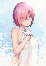 Rule 34 | 1girl, alternate costume, arm at side, bare shoulders, blue background, blush, breasts, choker, commentary request, covered erect nipples, covering privates, eyes visible through hair, fate/grand order, fate (series), floral background, flower, from side, gloves, gradient background, hair flower, hair ornament, hair over one eye, large breasts, light purple hair, light smile, lips, looking at viewer, mana (remana), mash kyrielight, naked towel, nude cover, pink lips, purple eyes, see-through, shiny skin, short hair, sideboob, smile, solo, towel, white gloves