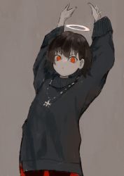 Rule 34 | 1girl, arms up, black sweater, brown hair, closed mouth, commentary, daruma karei, grey background, halo, highres, jewelry, long sleeves, necklace, original, red eyes, short hair, solo, sweater, upper body
