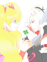 Rule 34 | 00s, 2girls, blonde hair, clover, couple, cure peach, earrings, eas (fresh precure!), four-leaf clover, fresh precure!, gloves, hair ornament, heart, heart hair ornament, higashi setsuna, holding hands, jewelry, long hair, magical girl, momozono love, multiple girls, nakagawa waka, pink eyes, precure, profile, red eyes, simple background, twintails, white background, white hair, yuri