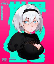 1girl 2b_(nier:automata) android black_dress blue_eyes breasts cesar_art456 character_name dress hair_between_eyes highres looking_at_viewer nier:automata nier_(series) short_hair solo white_hair