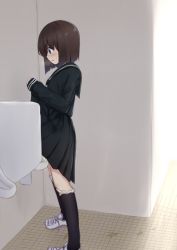 Rule 34 | 1girl, blue eyes, brown hair, clothes lift, highres, kanekan, lifted by self, open mouth, original, panties, panty pull, peeing, public bathroom, school uniform, skirt, skirt lift, solo, standing, toilet use, underwear, urinal, urinal use