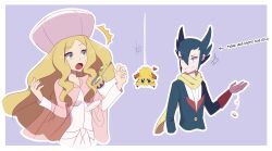Rule 34 | 1boy, 1girl, blonde hair, blue eyes, blue hair, caitlin (pokemon), cape, coin, creatures (company), cropped torso, cup, dress, game freak, gen 5 pokemon, grimsley (pokemon), heart, highres, joltik, long sleeves, naelle (pkmn realidea), nintendo, open mouth, outline, pokemon, pokemon (creature), pokemon bw, scarf, see-through cape, spanish text, surprised, sweat, white outline, yellow scarf