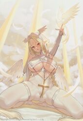 Rule 34 | 1girl, absurdres, arm up, artist name, bare shoulders, blonde hair, blush, braid, breasts, cloud, commentary, elf, facial mark, feathered wings, feathers, fingernails, forehead mark, full body, habit, highres, kneeling, large breasts, leggings, long hair, looking at viewer, low wings, original, pointy ears, red eyes, shiny skin, skin tight, sleeveless, spread legs, suerte, twin braids, twintails, underboob, white leggings, wings