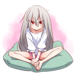 Rule 34 | 1girl, barefoot, elena trafalgar, feet together, hands on feet, highres, ikune juugo, indian style, knees apart feet together, long hair, looking at viewer, original, pillow, red eyes, short shorts, shorts, silver hair, simple background, sitting, solo
