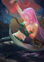 Rule 34 | 1girl, absurdres, alternate costume, arm up, armlet, bare shoulders, blood, bryuenart, choker, closed eyes, highres, hololive, hololive english, long hair, midriff, mori calliope, navel, pants, pink hair, restrained, scythe, solo, tiara, tiara removed, torn clothes, torn pants, virtual youtuber