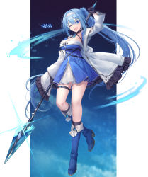 Rule 34 | 1girl, absurdres, alyssa (specktech), blue eyes, blue hair, boots, breasts, cleavage, commission, detached collar, dress, full body, glint, gloves, hair between eyes, hairband, highres, holding, holding polearm, holding weapon, jacket, knee boots, large breasts, long hair, long sleeves, one eye closed, open clothes, open jacket, open mouth, original, phantasy star, phantasy star online 2, polearm, ponytail, shichigatsu, skeb commission, thighs, weapon