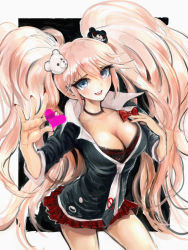 Rule 34 | 10s, 1girl, blue eyes, bow, bra, breasts, centimetre, cleavage, danganronpa (series), danganronpa: trigger happy havoc, enoshima junko, hair ornament, heart, jewelry, large breasts, long hair, nail polish, necklace, necktie, open mouth, pink hair, school uniform, skirt, sleeves rolled up, smile, solo, spoilers, twintails, underwear, very long hair