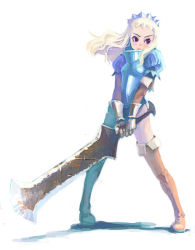 Rule 34 | armor, blonde hair, boots, simple background, solo, sword, thigh boots, thighhighs, weapon, weno