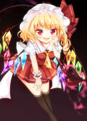 Rule 34 | 1girl, absurdres, black thighhighs, blonde hair, cowboy shot, crystal wings, dress, fang, flandre scarlet, frilled dress, frills, hat, hat ribbon, highres, kuraudo, laevatein (touhou), leaning forward, mob cap, open mouth, red dress, red eyes, red ribbon, ribbon, side ponytail, simple background, skin fang, solo, thighhighs, touhou, wrist cuffs