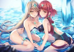 Rule 34 | 2girls, ass, asymmetrical docking, bare shoulders, blonde hair, blush, breast press, breasts, butt crack, cleavage, competition swimsuit, covered navel, female focus, inoue takuya (tactactak), large breasts, long hair, looking at viewer, matching hair/eyes, multiple girls, multiple persona, mythra (radiant beach) (xenoblade), mythra (xenoblade), nintendo, one-piece swimsuit, pyra (pro swimmer) (xenoblade), pyra (xenoblade), red eyes, red hair, selfcest, short hair, simple background, smile, swimsuit, tiara, water, xenoblade chronicles (series), xenoblade chronicles 2, yellow eyes