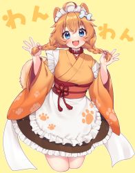 Rule 34 | 1girl, :d, absurdres, ahoge, animal ear fluff, animal ears, apron, black skirt, blue eyes, braid, breasts, cartoon bone, collar, copyright request, cropped legs, dog ears, dog girl, dog tail, fang, frilled apron, frilled skirt, frills, hair between eyes, highres, japanese clothes, kimono, long hair, long sleeves, looking at viewer, low twintails, maid, maid headdress, medium breasts, obi, open mouth, orange hair, orange kimono, paw hair ornament, red collar, sakura chiyo (konachi000), sash, short eyebrows, simple background, skirt, smile, solo, tail, thick eyebrows, twin braids, twintails, virtual youtuber, wa maid, white apron, wide sleeves, yellow background
