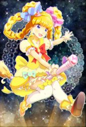 Rule 34 | 1girl, asahina mirai, blonde hair, bow, braid, broom, broom riding, choker, cure miracle, cure miracle (topaz style), food-themed hair ornament, full body, hair ornament, hat, highres, ino (mayito-askr-0407), long hair, magical girl, mahou girls precure!, mini hat, mini witch hat, pink hat, precure, purple eyes, red bow, shoes, skirt, smile, solo, thighhighs, topaz style, white thighhighs, witch hat, yellow footwear, yellow skirt