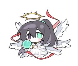 Rule 34 | 1boy, angel, angel wings, black hair, blush, bracelet, cape, chibi, closed mouth, crystal ball, dress, e.g.o (project moon), feathered wings, hair between eyes, half updo, halo, hong lu (project moon), jewelry, limbus company, long hair, looking at viewer, multiple wings, necklace, nishiirei9522, project moon, seraph, sidelocks, simple background, solo, very long hair, white background, white cape, white dress, white wings, whitenight (project moon), wings