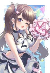 Rule 34 | 1girl, ;d, black skirt, blush, border, breasts, brown hair, cheerleader, collarbone, commentary, frilled skirt, frills, fujishima megumi, grey shirt, grey skirt, h.s.c.t. (love live!), highres, hiyori (20hiyori727), holding, holding pom poms, large breasts, layered skirt, link! like! love live!, long hair, looking at viewer, love live!, miniskirt, one eye closed, open mouth, outside border, pink skirt, pleated skirt, pom pom (cheerleading), pom poms, purple eyes, shirt, skirt, sleeveless, sleeveless shirt, smile, solo, twintails, upper body, virtual youtuber, white border