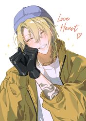 Rule 34 | 1boy, ^ ^, arm tattoo, black gloves, blonde hair, blue hat, blush, closed eyes, commentary, english commentary, english text, gloves, grin, hair between eyes, hands up, hat, head tilt, heart, heart hands, jacket, long sleeves, luca kaneshiro, male focus, nijisanji, nijisanji en, open clothes, open jacket, papa (you have today), parted bangs, puffy long sleeves, puffy sleeves, shirt, short hair, simple background, smile, solo, sparkle, tattoo, teeth, upper body, virtual youtuber, white background, white shirt, yellow jacket