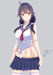 Rule 34 | 01021235, 1girl, absurdres, ahoge, alternate costume, blue sailor collar, blue skirt, contrapposto, cowboy shot, grey background, groin, hair flaps, highres, kantai collection, low twintails, lowleg, lowleg skirt, navel, one-hour drawing challenge, pleated skirt, purple hair, red eyes, sailor collar, sailor shirt, school uniform, serafuku, shirt, simple background, skirt, sleeveless, sleeveless shirt, solo, taigei (kancolle), thighhighs, tied shirt, twintails, white thighhighs