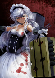 Rule 34 | 1girl, apron, azur lane, belfast (azur lane), belfast (azur lane) (cosplay), black lagoon, blood, blood on clothes, blood on face, blue eyes, braid, breasts, briefcase, briefcase gun, cleavage, collarbone, cosplay, dress, french braid, glasses, gloves, highres, long hair, maid, maid headdress, medium breasts, missile, roberta (black lagoon), rocket (projectile), round eyewear, ruu bot, silver hair, solo, suitcase, suitcase gun, turret, waist apron, white apron, white gloves