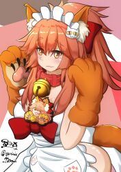 Rule 34 | 1girl, animal ear fluff, animal ears, animal hands, apron, bell, blush, bow, breasts, cat hair ornament, cat paws, chocolate, cleavage, collar, fate/grand order, fate (series), fox ears, fox girl, fox tail, gloves, hair ornament, hairclip, jingle bell, large breasts, looking at viewer, naked apron, neck bell, paw gloves, pink hair, ponytail, red bow, red ribbon, ribbon, solo, tail, tamamo (fate), tamamo cat (fate), tamamo cat (third ascension) (fate), valentine, white apron