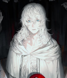 1boy bishounen blue_eyes capelet collarbone drawstring expressionless final_fantasy final_fantasy_xiv highres looking_at_viewer male_focus me_ff_a medium_hair solo sophist&#039;s_robe_(ff14) themis_(ff14) upper_body white_capelet white_hair