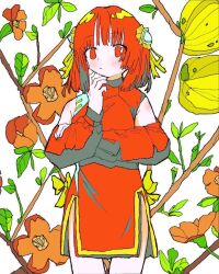 Rule 34 | 1girl, bakui02, china dress, chinese clothes, commentary, detached sleeves, dress, floral background, hair ribbon, looking at viewer, medium hair, original, red dress, red eyes, red hair, ribbon, sleeveless, sleeveless dress, solo, standing, symbol-only commentary