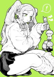 Rule 34 | !, 1girl, absurdres, alternate costume, alternate hairstyle, blush, bow, bowtie, cardigan, cellphone, cellphone charm, charm (object), closed mouth, collared shirt, eisen (sousou no frieren), feet out of frame, fern (sousou no frieren), flip phone, frieren, green background, green eyes, gyaru, heiter, highres, himmel (sousou no frieren), holding, holding phone, long hair, loose socks, miniskirt, partially colored, phone, pointy ears, shirt, short eyebrows, sitting, skirt, socks, solo, sousou no frieren, spoken exclamation mark, twintails, yotsumi shiro