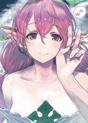 Rule 34 | 1girl, bad id, bad pixiv id, bare shoulders, blush, breasts, cleavage, collarbone, granblue fantasy, hair between eyes, kaqo, leaf, long hair, looking at viewer, medium breasts, monster girl, musical note, orange eyes, outdoors, pink hair, plant girl, pointy ears, smile, solo, spoken musical note, twintails, upper body, v, yggdrasil (granblue fantasy)