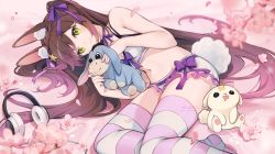Rule 34 | 1girl, animal ear fluff, animal ears, armpit crease, bare arms, bare shoulders, braid, breasts, brown hair, choker, crop top, french braid, frilled shorts, frills, green eyes, hair ribbon, halterneck, headphones, headphones removed, highres, indie virtual youtuber, long hair, looking at viewer, lying, medium breasts, micro shorts, midriff, navel, on side, purple choker, rabbit ears, rabbit tail, revealing clothes, ribbon, ribbon choker, shirt, short shorts, shorts, sleeveless, sleeveless shirt, smile, solo, spaghetti strap, staryuuki, stomach, striped clothes, striped thighhighs, tail, thighhighs, thighs, two side up, very long hair, virtual youtuber, white shirt, white shorts, yennineii