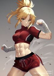 Rule 34 | 1girl, abs, alternate costume, angry, armpits, bandaged arm, bandages, belly, biceps, blonde hair, breasts, clenched hand, clenched hands, closed mouth, collarbone, cowboy shot, crop top, curvy, exercising, eyelashes, fate/apocrypha, fate/grand order, fate (series), green eyes, gym shirt, gym uniform, hair ornament, hair scrunchie, highres, medium breasts, midriff, mordred (fate), mordred (fate/apocrypha), multicolored clothes, muscular, muscular female, narrow waist, navel, parted bangs, ponytail, punching, red scrunchie, scrunchie, shirt, short hair, short shorts, shorts, sidelocks, simple background, solo, sports bra, sportswear, standing, stomach, sweat, thick thighs, thighs, toned, twitter username, uniform, wide hips, xkzan