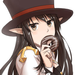 Rule 34 | 1girl, arch bishop (ragnarok online), black hat, chocolate doughnut, cleavage cutout, clothing cutout, commentary request, cross, doughnut, dress, food, food in mouth, hat, holding, holding food, juliet sleeves, long hair, long sleeves, looking at viewer, natsuya (kuttuki), pointy ears, puffy sleeves, ragnarok online, simple background, solo, top hat, two-tone dress, upper body, white background, white dress