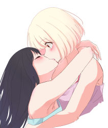 Rule 34 | 2girls, absurdres, arms around neck, black hair, blonde hair, blush, closed eyes, commentary request, cropped torso, hand in another&#039;s hair, highres, inoue takina, kiss, long hair, lycoris recoil, multiple girls, nishikigi chisato, red eyes, short hair, tomu (tom 309k), yuri