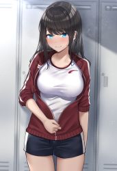 Rule 34 | 1girl, absurdres, arm at side, black hair, black shorts, blue eyes, blush, breasts, commentary request, cowboy shot, gym shorts, gym uniform, highres, jacket, kaku yone, locker, locker room, long hair, looking at viewer, medium breasts, open clothes, open jacket, original, red jacket, short shorts, shorts, smile, solo, standing, track jacket, track suit, unzipping
