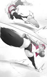 Rule 34 | 1girl, absurdres, ass, back, bandaged hand, bandages, black shorts, black thighhighs, breasts, cleavage, clenched hands, exercising, greyscale, highres, kicking, legs apart, medium breasts, monochrome, motion blur, motion lines, multiple views, niwamaru (niwarhythm), niwarhythm, original, pink eyes, running, shadow, shiny skin, short shorts, shorts, solo, spot color, sprinting pose, thighhighs, torn clothes, underboob, white background, white footwear