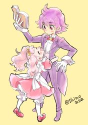 Rule 34 | 1boy, 1girl, apron, aroma (go! princess precure), aroma (go! princess precure) (human), bloomers, blush, book, bow, bowtie, brother and sister, butler, closed eyes, formal, full body, go! princess precure, happy, height difference, hetero, hug, long hair, pantyhose, personification, pink footwear, pink hair, pink skirt, precure, puff (go! princess precure), puff (go! princess precure) (human), purple eyes, purple footwear, purple hair, red bow, shinoasa, shoes, siblings, skirt, suit, surprised, traditional bowtie, twintails, twitter username, underwear, white bloomers, white pantyhose, yellow background