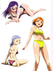 Rule 34 | 00s, 3girls, :d, absurdres, ahoge, artist name, ass, back, barefoot, belt, bikini, black bikini, blunt bangs, bracelet, breasts, cleavage, clenched hand, clenched hands, closed mouth, clothes writing, crossed arms, eyebrows, from side, front-tie bikini top, front-tie top, full body, green eyes, hair ornament, hairclip, happy, highres, hisayuki hirokazu, jewelry, key, kuga natsuki, large breasts, light smile, long hair, looking back, lying, medium breasts, miyu greer, multiple girls, my-hime, navel, necklace, official art, on side, on stomach, open mouth, orange hair, page number, parted bangs, purple bikini, purple eyes, purple hair, red eyes, scan, shadow, shiny skin, short hair, side-tie bikini bottom, sideboob, silver hair, simple background, sitting, skindentation, smile, spread legs, standing, string bikini, sunglasses, swept bangs, swimsuit, tokiha mai, underboob, white background, yellow bikini