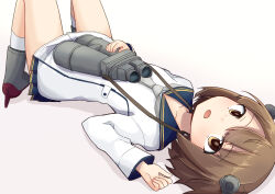 1girl binoculars blue_sailor_collar brown_eyes brown_hair dress headgear kakizaki_(chou_neji) kantai_collection lying rudder_footwear sailor_collar short_hair solo speaking_tube_headset white_dress yukikaze_(kancolle) yukikaze_kai_ni_(kancolle)