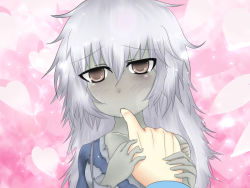 Rule 34 | 1girl, biting, colored skin, finger biting, grey eyes, grey skin, monster girl encyclopedia, paundo2, saliva, silver hair, torn clothes, undead, zombie, zombie (monster girl encyclopedia)