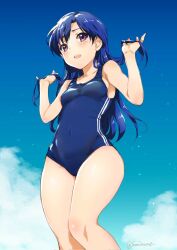 Rule 34 | 1girl, blue hair, blue one-piece swimsuit, blue sky, blush, breasts, cloud, competition swimsuit, covered navel, day, feet out of frame, from below, highres, holding, holding own hair, idolmaster, idolmaster (classic), inoue sora, kisaragi chihaya, long hair, looking at viewer, one-piece swimsuit, open mouth, outdoors, purple eyes, sketch, sky, small breasts, solo, swimsuit