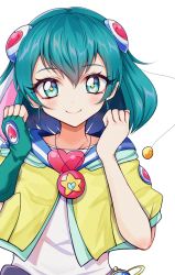 Rule 34 | 1girl, aqua hair, bad id, bad pixiv id, blush, closed mouth, commentary request, fingerless gloves, gloves, green eyes, green gloves, hagoromo lala, hair between eyes, hair ornament, hands up, head tilt, heart, highres, jacket, jewelry, looking at viewer, medium hair, multicolored clothes, multicolored hair, multicolored jacket, pendant, precure, rudo (rudorudo0917), shirt, short sleeves, sidelocks, simple background, single glove, smile, solo, star-shaped pupils, star (symbol), star twinkle precure, streaked hair, symbol-shaped pupils, upper body, white background, white shirt, yellow jacket