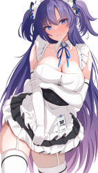 Rule 34 | 1girl, absurdres, alternate costume, apron, blue archive, breasts, cleavage, closed mouth, collarbone, dress, elbow gloves, enmaided, frilled apron, frilled dress, frills, gloves, hair between eyes, highres, large breasts, long hair, maid, maid apron, maid headdress, ni tamago sando, purple eyes, purple hair, simple background, solo, thighhighs, two side up, white apron, white background, white gloves, white thighhighs, yuuka (blue archive)
