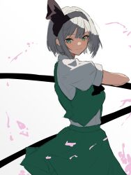 Rule 34 | 1girl, absurdres, black hairband, closed mouth, commentary request, green eyes, green skirt, green vest, grey hair, hairband, highres, konpaku youmu, looking at viewer, moriforest1040, short hair, short sleeves, simple background, skirt, smile, solo, touhou, vest, white background