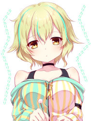 Rule 34 | 1girl, black choker, blonde hair, blush, breasts, brown eyes, character request, choker, closed mouth, collarbone, commentary request, green hair, green jacket, hair between eyes, head tilt, highres, jacket, medium breasts, mimikaki, multicolored hair, off-shoulder shirt, off shoulder, open beta (vtuber), shirt, short hair, solo, streaked hair, striped clothes, striped jacket, upper body, vertical-striped clothes, vertical-striped jacket, virtual youtuber, wasabi rinne, white background, white jacket, yuku (kiollion)