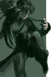 Rule 34 | 1girl, :q, alternate costume, braid, chinese clothes, fighting stance, hong meiling, long hair, looking away, monochrome, pants, serious, solo, tongue, tongue out, touhou, twin braids, warabe yume