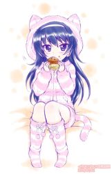 Rule 34 | 1girl, animal hood, bed sheet, black eyes, black hair, cat hood, cat tail, commentary, eating, fake tail, food, food on face, girls und panzer, hairband, holding, holding food, hood, hood up, kuromori yako, long hair, long sleeves, looking at viewer, motion lines, muffin, on bed, one-hour drawing challenge, pajamas, pink shirt, pink shorts, pink socks, reizei mako, shirt, shorts, sitting, socks, solo, striped clothes, striped shirt, striped shorts, striped socks, striped tail, tail, white hairband, zipper