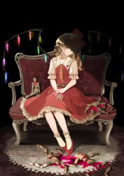 Rule 34 | 1girl, black background, blonde hair, blood, blood on hands, broken, carpet, closed mouth, collared shirt, commentary, couch, crystal, doll, flandre scarlet, frilled shirt collar, frilled skirt, frills, full body, hat, high heels, highres, kerok (joniko1110), long hair, looking at viewer, mob cap, necktie, orange necktie, own hands together, pink blood, pointy ears, red eyes, red footwear, red skirt, red vest, shade, shirt, short sleeves, sitting, skirt, socks, solo, symbol-only commentary, touhou, vest, white hat, white shirt, white socks, wings