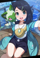 Rule 34 | 1girl, absurdres, black hair, black shorts, blue eyes, blush, coat, commentary request, creatures (company), eyelashes, game freak, hair ornament, hairclip, highres, jacket, liko (pokemon), long sleeves, looking at viewer, nintendo, open clothes, open jacket, open mouth, pokemon, pokemon (anime), pokemon (creature), pokemon horizons, shiny skin, shirt, shorts, smile, sprigatito, teeth, thighs, umiru, upper teeth only, white shirt