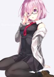 Rule 34 | 1girl, absurdres, adjusting eyewear, black dress, black pantyhose, character name, collared dress, dress, fate/grand order, fate (series), glasses, grey background, hair over one eye, highres, jacket, jimmy madomagi, mash kyrielight, necktie, open mouth, pantyhose, print necktie, purple eyes, purple hair, red necktie, short hair, simple background, sitting, solo, wariza